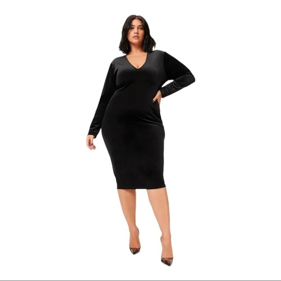 NEW GOOD AMERICAN Black Deep V Neck Velvet Bodycon Midi Dress Size 6/3XL - Picture 5 of 12